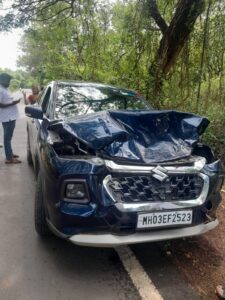 न्हावेली येथे रत्नागिरीतील पर्यटकांच्या गाडीला गव्याची धडक&nbsp; ; गाडीच्या दर्शनी भागाचे मोठे नुकसान सुदैवाने दुखापत टळली.